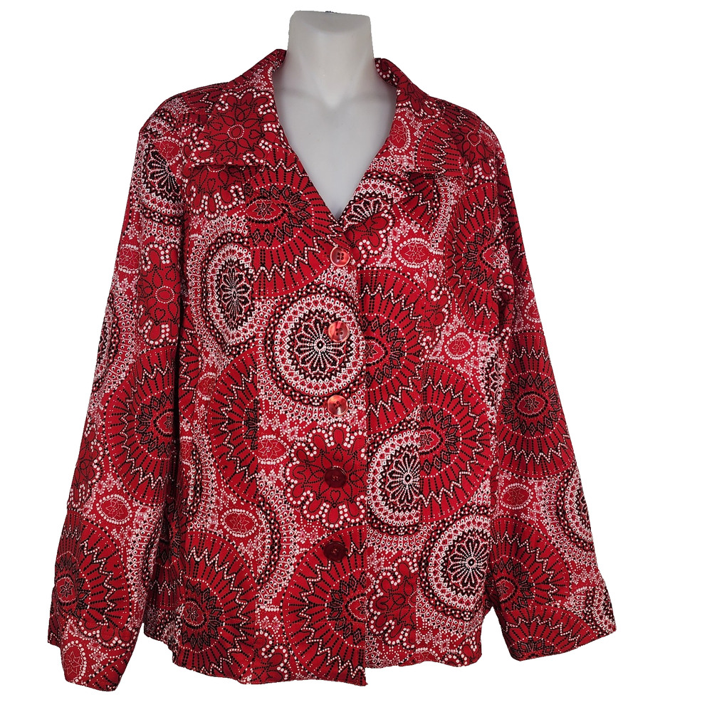 Serengeti Women's Jacket Blazer Large Red Bandana Button Up Paisley Denim Casual